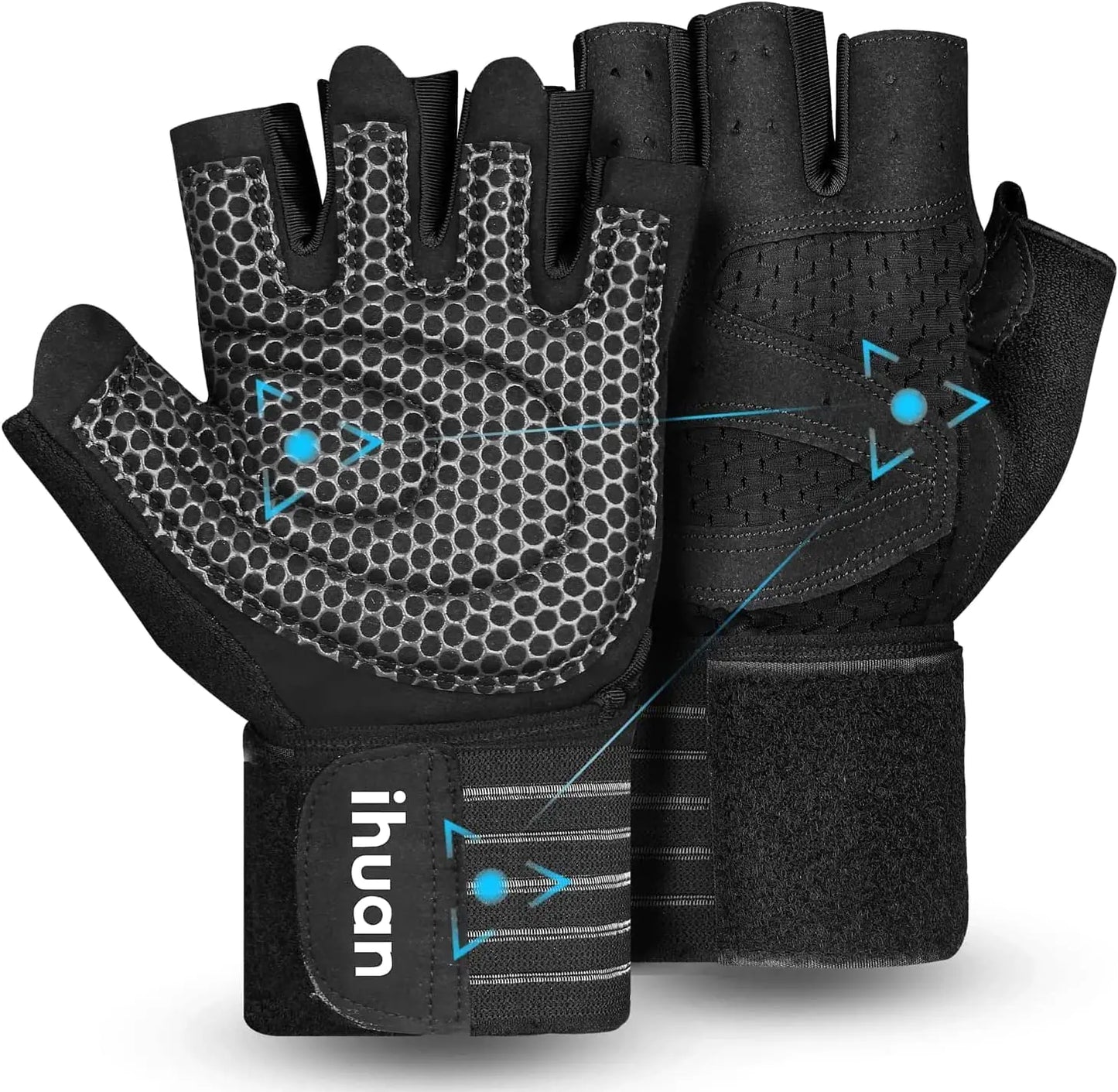 ihuan Ventilated Weight Lifting Gym Workout Gloves with Wrist Wrap Support for Men & Women Full Palm Protection for Weightlifting Training Fitness Hanging Pull ups