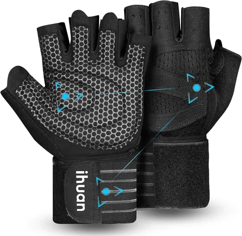 ihuan Ventilated Weight Lifting Gym Workout Gloves with Wrist Wrap Support for Men & Women Full Palm Protection for Weightlifting Training Fitness Hanging Pull ups